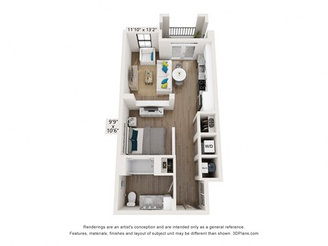 Floor plan for studio, 1 bath, 597 sqft